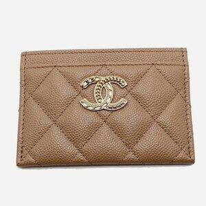 Authentic CHANEL large CC logo beige caviar card holder wallet GHW Brand New